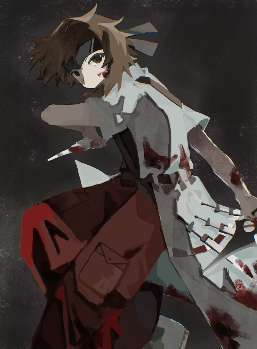 1other aaayamitsu androgynous black_shirt blood blood_on_arm blood_on_clothes blood_on_face blood_on_knife brown_eyes brown_hair cargo_pants chinese_commentary coat commentary_request grey_coat grey_footwear highres holding holding_knife knife kurohebi len'en medium_hair open_clothes open_coat other_focus pants red_pants shirt solo