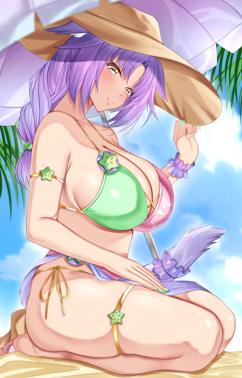 1girl absurdres animal_ears arm_strap armpit_crease backboob bare_shoulders beach_umbrella bikini blue_sky blush braid braided_ponytail breasts brown_headwear cat_ears cat_girl cat_tail cinnamon_(nekopara) cleavage closed_mouth collarbone commentary commission day english_commentary eyelashes floral_print frilled_straps from_side full_body green_bikini green_nails hand_up hat highres huge_breasts long_hair looking_at_viewer makudesu multicolored_bikini multicolored_clothes nail_polish nekopara outdoors palm_leaf parted_bangs pink_bikini purple_hair purple_tail seiza side-tie_bikini_bottom sitting skindentation sky smile solo star_(symbol) swimsuit tail tail_strap thigh_strap thighs umbrella under_umbrella yellow_eyes