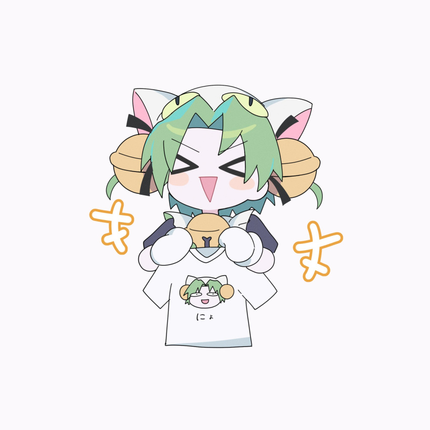 &gt;_&lt; 1girl :d animal_hat bell cat_hat dejiko di_gi_charat green_hair hair_intakes hat highres holding holding_clothes holding_shirt mittens morizo_(morizoshop) neck_bell open_mouth puffy_short_sleeves puffy_sleeves shirt short_hair short_sleeves simple_background smile solo t-shirt white_background white_headwear white_mittens white_shirt