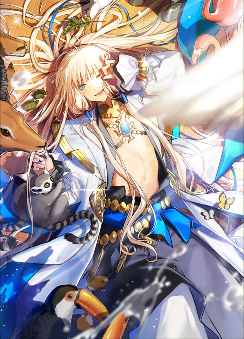 1boy absurdres animal bird blue_gemstone captain_nemo_(fate) deer fate/grand_order fate/grand_order_arcade fate_(series) flamingo gem highres koala long_hair looking_at_viewer lying male_focus navel nemo_(fate) noah_(fate) non-web_source official_art otoko_no_ko smile toucan turtle