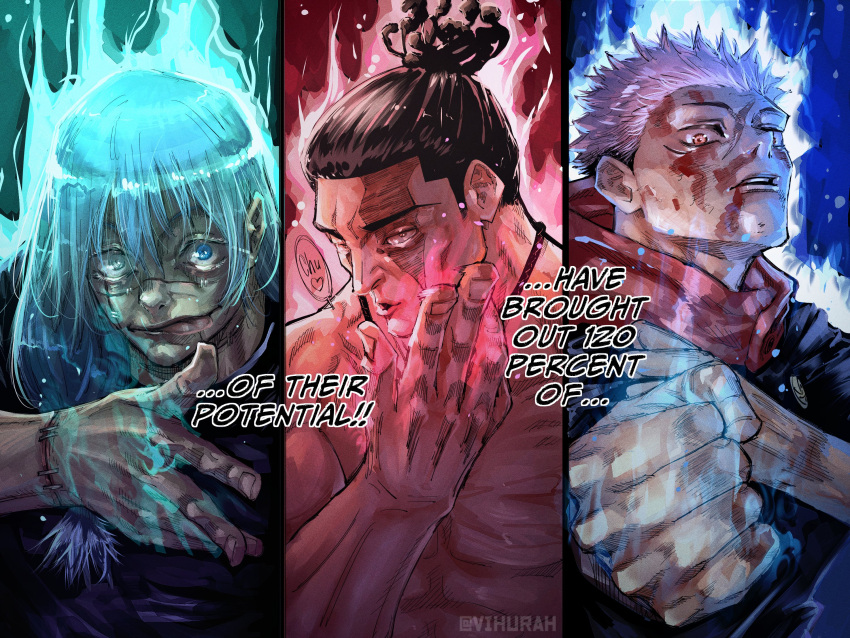 3boys akutami_gege aura battle black_hair blowing_kiss clenched_hand colorized english_text head_tilt heart highres itadori_yuuji jujutsu_kaisen licking_blood mahito_(jujutsu_kaisen) male_focus multiple_boys muscular muscular_male pectorals scar scar_across_eye serious short_hair sideburns spoilers spoken_heart toudou_aoi_(jujutsu_kaisen) undercut upper_body vihurah