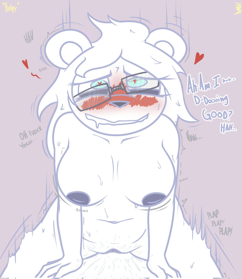 anthro bear bodily_fluids bombay_(artist) cowgirl_position duo eyewear female five_nights_at_freddy's from_front_position genital_fluids glasses helpy_(fnaf) hi_res male male/female mammal on_bottom on_top penetration pussy_juice scottgames sex vaginal vaginal_penetration