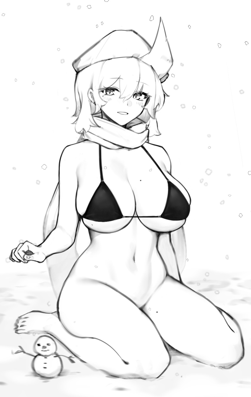 1641_(chfhrtor94) 1girl beret black_bra bottomless bra breasts full_body hat highres large_breasts letty_whiterock looking_at_viewer monochrome navel open_mouth scarf short_hair simple_background sitting sketch snowing snowman solo stomach string_bra toes touhou triangular_headpiece underwear unfinished wariza white_background