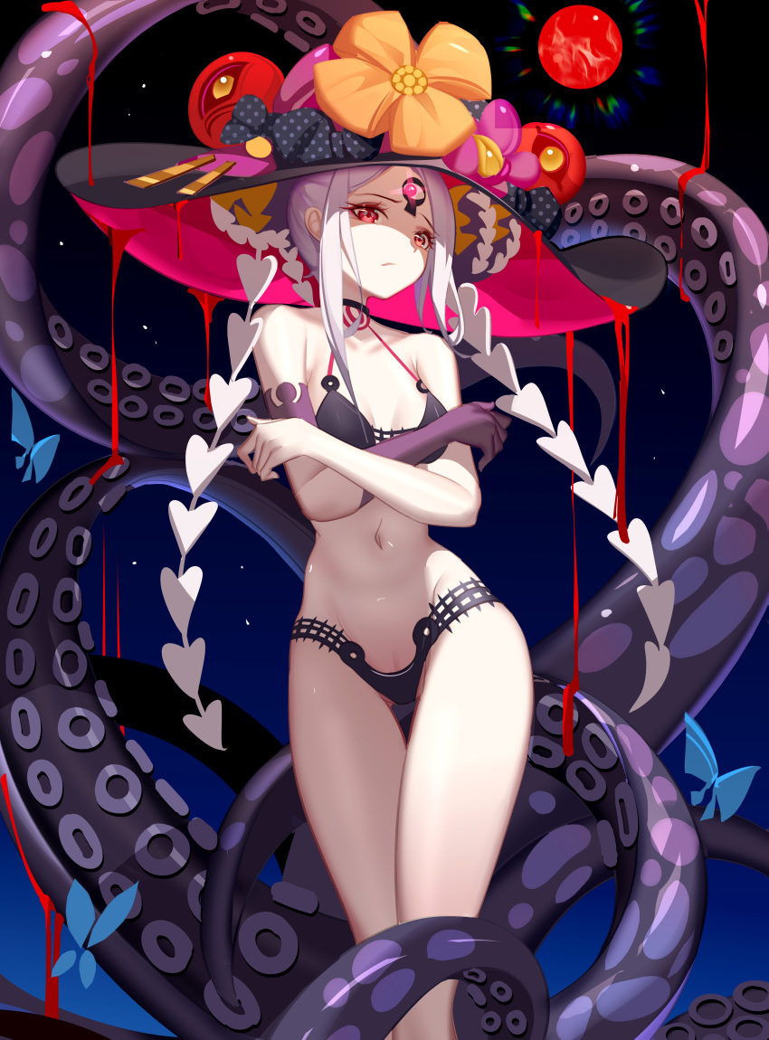 1girl abigail_williams_(fate) abigail_williams_(swimsuit_foreigner)_(fate) abigail_williams_(swimsuit_foreigner)_(first_ascension)_(fate) absurdres bare_shoulders bikini black_bikini black_bow black_headwear bow breasts bug butterfly collarbone colored_skin double_bun fate/grand_order fate_(series) forehead glowing glowing_eye hair_bow hair_bun hat highres keyhole long_hair looking_at_viewer luai medium_breasts navel orange_bow parted_bangs red_eyes red_headwear sidelocks solo sun_hat swimsuit tentacles thighs third_eye twintails two-tone_headwear very_long_hair white_hair white_skin