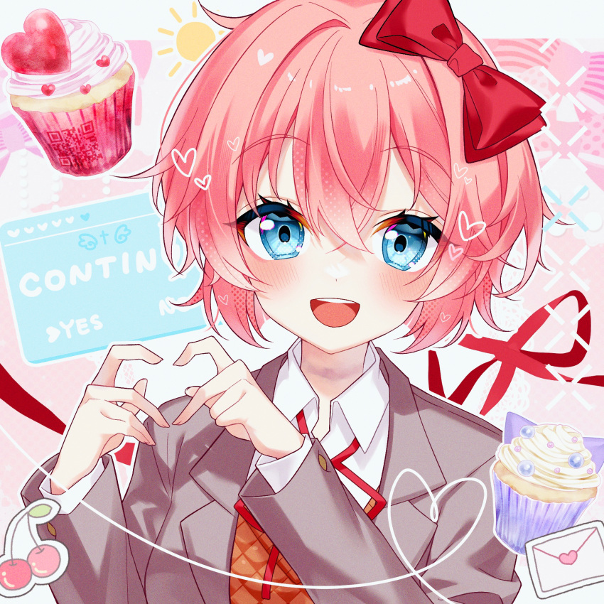 1girl :d agent_ruri blue_eyes blush bow brown_sweater_vest cherry collared_shirt commentary_request crossed_bangs cupcake doki_doki_literature_club dress_shirt envelope eyelashes food fruit grey_jacket hair_between_eyes hair_bow hair_intakes hands_up heart heart_hands highres jacket lapels long_sleeves looking_at_viewer love_letter neck_ribbon open_clothes open_jacket open_mouth outline pink_background pink_hair qr_code red_bow red_ribbon ribbon sayori_(doki_doki_literature_club) school_uniform shirt short_hair sidelocks simple_background smile solo sun sweater_vest teeth upper_body upper_teeth_only white_background white_outline white_shirt wing_collar