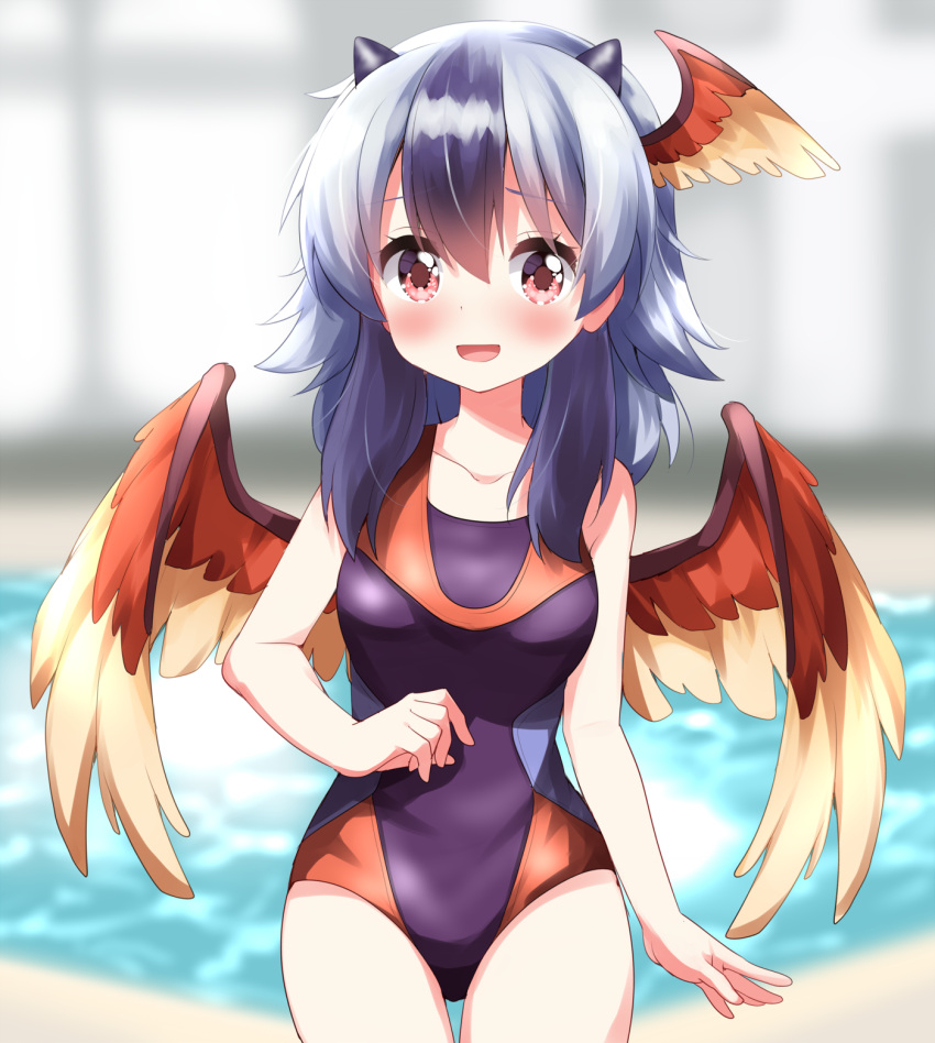 1girl :d bird_girl bird_wings black_hair black_one-piece_swimsuit blurry blurry_background blush collarbone commentary_request cowboy_shot grey_hair head_wings highres horns looking_at_viewer medium_hair multicolored_hair one-piece_swimsuit open_mouth pool red_eyes ruu_(tksymkw) single_head_wing smile solo swimsuit tokiko_(touhou) touhou two-tone_hair wings