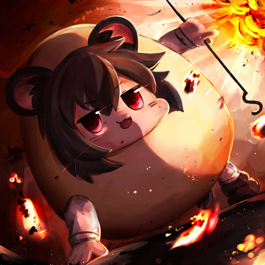 1girl :3 absurdres animal_ear_fluff animal_ears black_footwear commentary cookie_(touhou) dowsing_rod egg_costume embers explosion eye_trail fang fire full_body grey_hair hair_between_eyes highres holding light_trail looking_at_viewer medium_bangs mouse_ears mouse_girl mouse_tail nazrin nyon_(cookie) open_mouth red_eyes running shoes short_hair socks solo stuffing_scone symbol-only_commentary tail touhou v-shaped_eyebrows white_socks