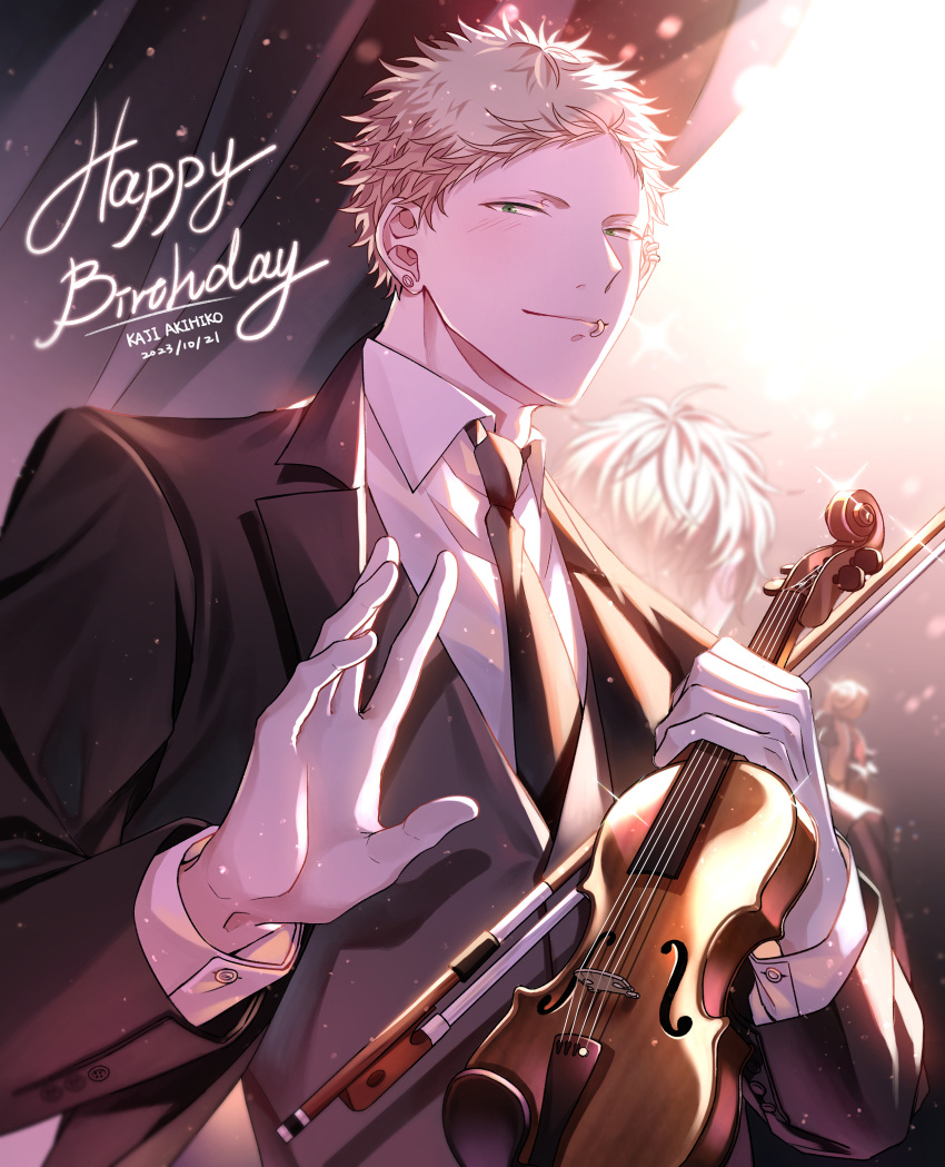 1boy absurdres black_coat black_curtains black_necktie blonde_hair blurry blurry_background coat collared_shirt curtains ear_piercing given green_eyes happy_birthday highres holding holding_instrument holding_violin instrument kaji_akihiko light light_blush long_sleeves looking_at_viewer male_focus mouth_piercing multiple_piercings murata_ugetsu necktie piercing pinoli_(pinoli66) shirt short_hair solo_focus sparkle suit upper_body violin waving