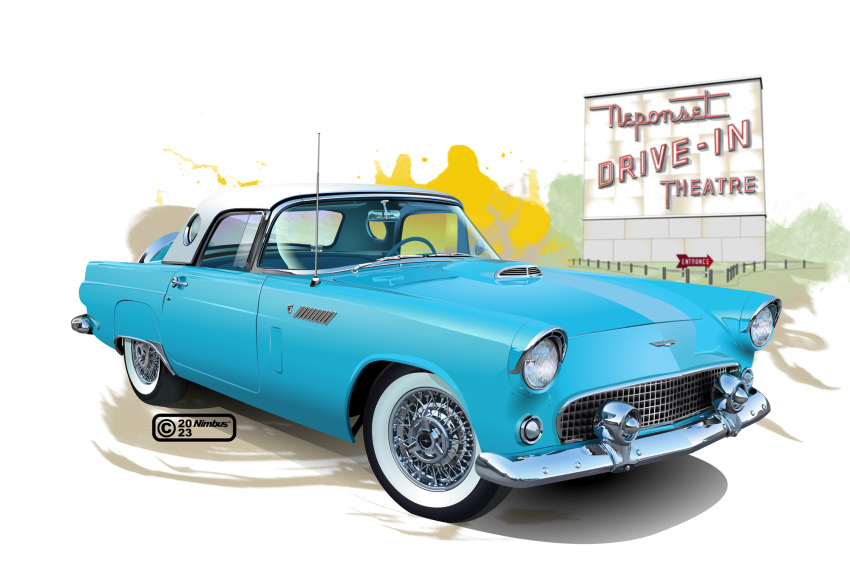 2023 artist_name blue_car car ford ford_thunderbird headlight highres left-hand_drive motor_vehicle multicolored_background nimbus_goldbrum no_humans original radio_antenna realistic rear-view_mirror shadow sign steering_wheel vehicle_focus