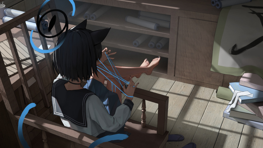 1girl 20cnanmin animal_ears barefoot black_hair black_nails blue_archive blue_halo blue_sailor_collar blue_skirt blue_tail book cat_ears cat_tail commentary_request crossed_legs from_behind halo highres indoors kikyou_(blue_archive) long_sleeves multiple_tails on_chair pleated_skirt sailor_collar scroll shirt short_hair sitting skirt solo tail white_shirt