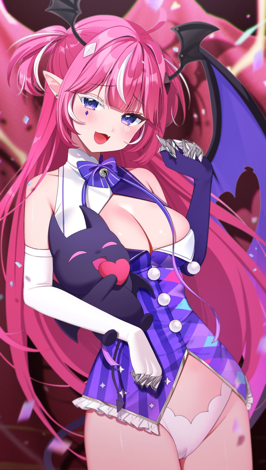 1girl aamana0 absurdres ahoge asymmetrical_gloves bare_shoulders bell breasts cameltoe camila_(vtuber) claw_ring cleavage colored_eyelashes confetti creature demon demon_girl demon_wings detached_collar diamond_facial_mark earrings elbow_gloves facial_mark fang frilled_leotard frills gloves head_wings heart heart_facial_mark highres holding holding_creature indie_virtual_youtuber jewelry jingle_bell leotard long_hair mismatched_eyelashes mismatched_gloves multicolored_hair neck_ribbon open_mouth pink_hair pointy_ears pom_pom_(clothes) purple_eyes purple_leotard purple_ribbon ribbon single_wing skin_fang smile solo streaked_hair streamers two_side_up white_hair wings