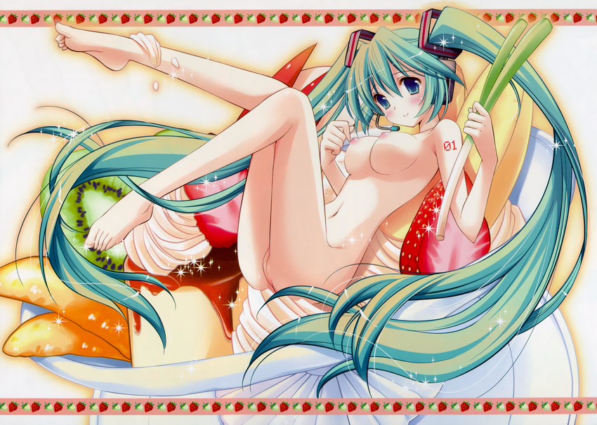 absurdres barefoot blue_eyes breasts feet food fruit green_hair hatsune_miku highres inugahora_an kiwifruit large_breasts long_hair navel nipples nude pussy smile solo sparkle spring_onion strawberry twintails very_long_hair vocaloid whipped_cream