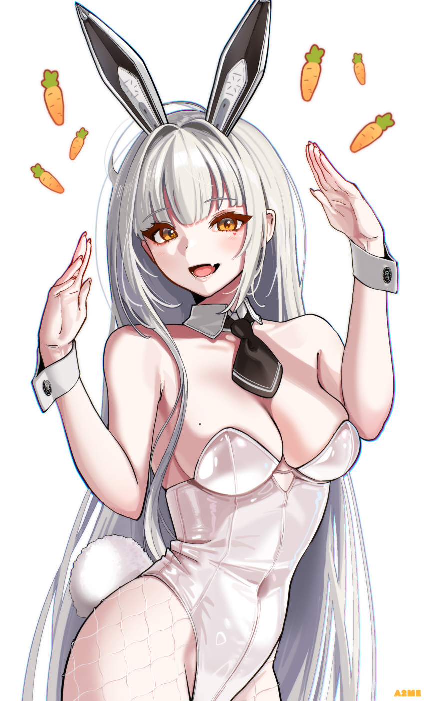 1girl aa2mee absurdres animal_ears artist_name blanc_(nikke) blush breasts carrot cleavage collar facial_mark fang fishnet_pantyhose fishnets goddess_of_victory:_nikke grey_hair heart heart_facial_mark highres looking_at_viewer medium_breasts necktie open_mouth orange_eyes pantyhose playboy_bunny rabbit_ears rabbit_tail skin_fang smile solo tail white_background wrist_cuffs