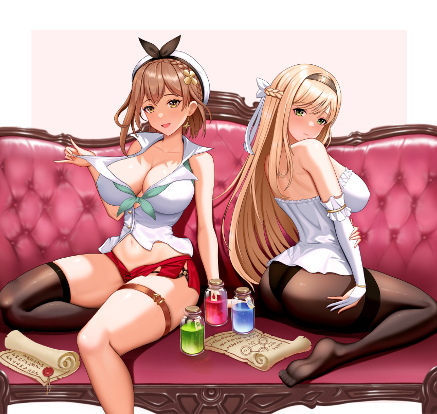 2girls :d absurdres atelier_(series) atelier_ryza black_hairband black_pantyhose black_thighhighs bottle braid breasts brown_eyes brown_hair cleavage commentary_request crown_braid earrings elbow_gloves french_braid gloves hairband highres jewelry klaudia_valentz large_breasts looking_at_viewer micro_shorts multiple_girls open_mouth pantyhose rakuri_(rwrn5475) red_shorts reisalin_stout revision shirt short_hair shorts single_thighhigh sitting sleeveless sleeveless_shirt smile strapless strapless_shirt thigh_strap thighband_pantyhose thighhighs thighs white_gloves white_headwear white_shirt