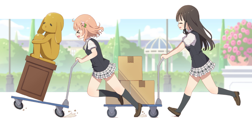 &gt;_&lt; 2girls black_sweater_vest blue_sky blunt_bangs border box breasts brown_hair building cardboard_box closed_eyes commentary_request day dress_shirt facing_to_the_side flower from_side full_body gochuumon_wa_usagi_desu_ka? grey_necktie grey_skirt hair_ornament hairclip hand_truck hedge highres hoto_cocoa lamppost light_blush long_hair miniskirt mohei multiple_girls necktie open_mouth orange_hair outdoors pedestal plaid plaid_necktie plaid_skirt plant pleated_skirt potted_plant puffy_short_sleeves puffy_sleeves pushing rabbit_statue school_uniform shirt short_hair short_sleeves sidelocks skirt sky small_breasts smile statue sweater_vest tree ujimatsu_chiya wavy_hair white_border white_shirt