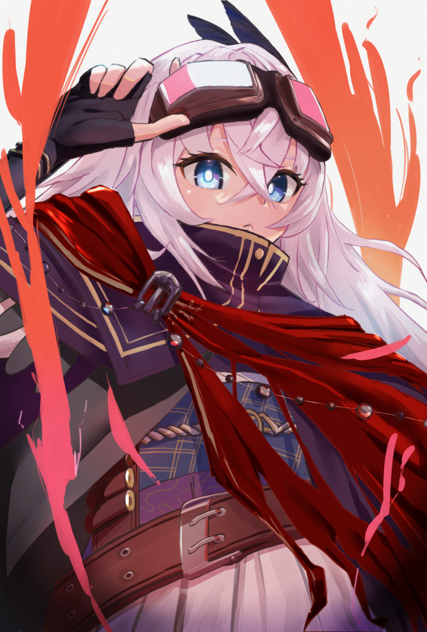 1girl :&lt; ammunition_belt belt blue_eyes bright_pupils cape cloak fate/grand_order fate_(series) feather_hair_ornament feathers fingerless_gloves gloves goggles goggles_on_head grey_hair hair_ornament highres long_hair osakana_oekaki red_cape saika_magoichi_(fate) white_pupils