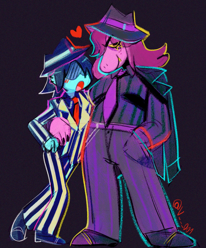 &lt;3 ambiguous_gender anthro black_background blue_body blue_hair blue_skin blush clothing deltarune duo ear_piercing fedora female female/ambiguous gangster hair hand_around_waist hat headgear headwear hi_res human kris_(deltarune) mammal monster necktie pattern_clothing pattern_shirt pattern_suit pattern_topwear piercing pink_body pink_scales scales scalie shirt simple_background soul_(undertale) striped_clothing striped_shirt striped_suit striped_topwear stripes suit susie_(deltarune) topwear undertale_(series) v_rawr