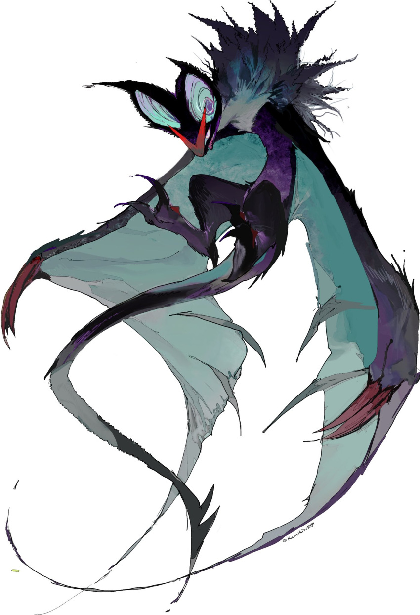 bat_wings claws flying from_side full_body hashtag_only_commentary highres kamikiririp looking_at_viewer no_humans noivern open_mouth pink_eyes pokemon pokemon_(creature) signature simple_background slit_pupils solo tail white_background wings