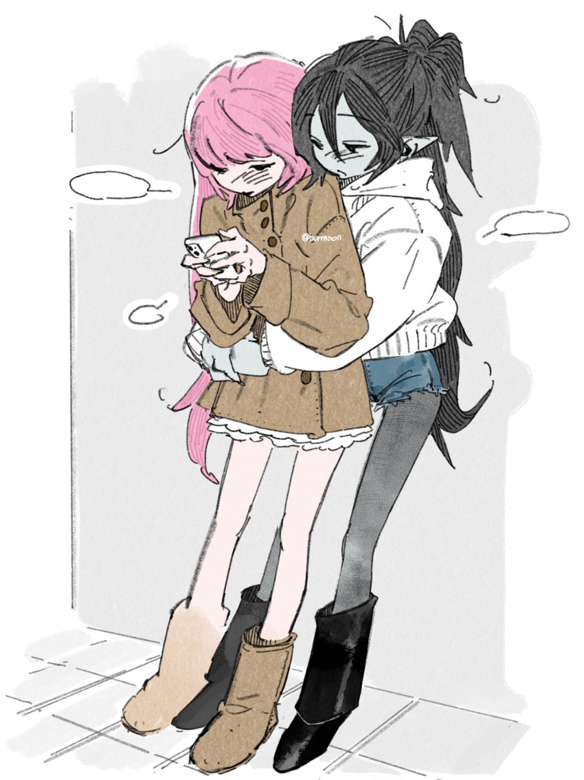 2girls adventure_time bermooli black_footwear black_hair blush boots brown_footwear brown_jacket colored_skin denim denim_shorts full_body grey_pantyhose grey_skin highres holding holding_phone hood hoodie hug hug_from_behind jacket long_hair long_sleeves looking_down marceline_abadeer multiple_girls pantyhose phone pink_hair pink_skirt pointy_ears ponytail princess_bonnibel_bubblegum short_shorts shorts skirt speech_bubble twitter_username very_long_hair white_hoodie