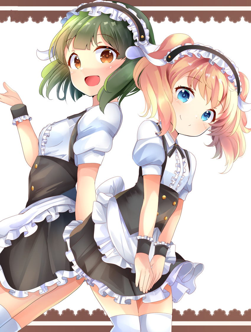 2girls :d alice_cartelet apron aru_(arudes) back-to-back black_dress black_ribbon black_wrist_cuffs blonde_hair blue_eyes blush breasts brown_eyes center_frills closed_mouth commentary_request cosplay cowboy_shot dress flat_chest floating_hair frilled_apron frilled_cuffs frilled_dress frills gochuumon_wa_usagi_desu_ka? green_hair hair_between_eyes hand_up highres kin-iro_mosaic kirima_syaro kirima_syaro_(cosplay) looking_at_viewer maid maid_headdress medium_hair multiple_girls neck_ribbon oomiya_shinobu open_mouth puffy_short_sleeves puffy_sleeves ribbon shirt short_dress short_hair short_sleeves simple_background small_breasts smile split_mouth standing twintails v_arms waist_apron wavy_hair white_apron white_background white_shirt zettai_ryouiki