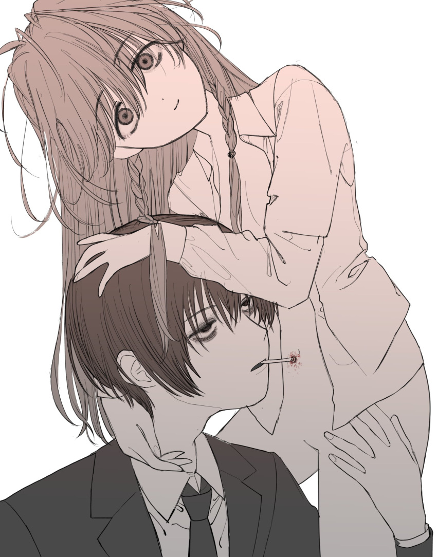 1boy 1girl bottomless braid cigarette cigarette_burn collared_shirt etizojima expressionless flat_chest formal greyscale highres hitomi_hirosuke_(sayonara_wo_oshiete) hug jacket long_hair looking_at_another monochrome necktie open_clothes open_shirt parted_lips sayonara_wo_oshiete shirt side_braids simple_background sugamo_mutsuki