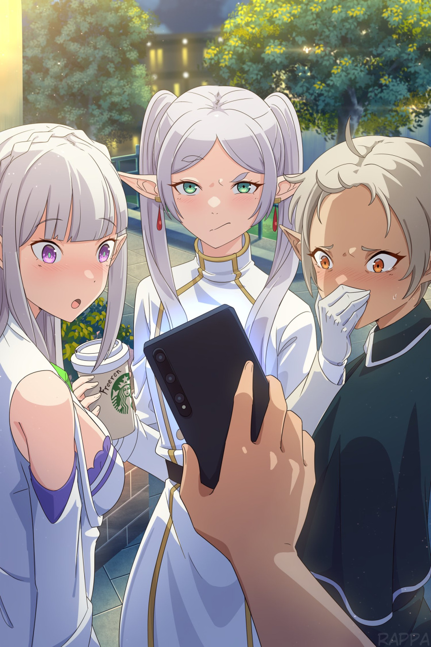 1other 3girls blonde_hair blush capelet coffee_cup crossover cup dangle_earrings disgust disposable_cup drop_earrings earrings elf emilia_(re:zero) english_commentary frieren gloves green_eyes highres jewelry long_hair long_sleeves looking_at_viewer multiple_girls mushoku_tensei orange_eyes parted_bangs pointy_ears purple_hair raised_eyebrows rappa re:zero_kara_hajimeru_isekai_seikatsu short_hair sousou_no_frieren starbucks starbucks_siren sylphiette_(mushoku_tensei) thick_eyebrows trait_connection twintails white_capelet white_gloves white_hair
