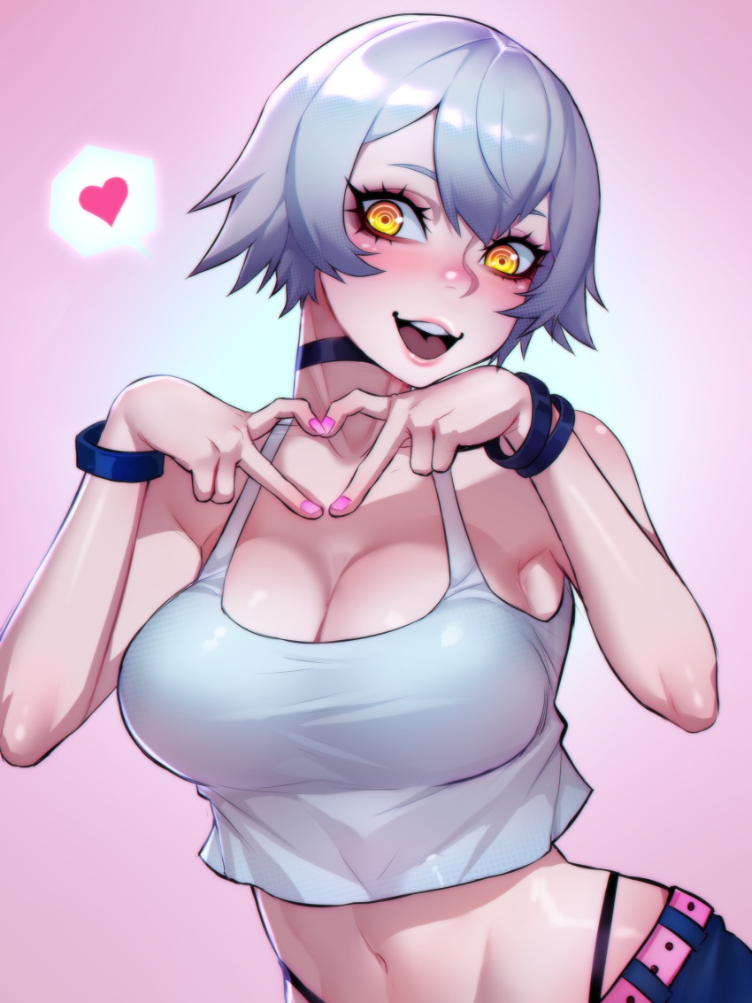 1girl black_crowser blue_pants breasts choker crop_top grey_hair heart heart_hands highres large_breasts midriff navel open_mouth original pants pink_background pink_nails short_hair simple_background solo stomach tank_top teeth tongue white_tank_top wristband yellow_eyes