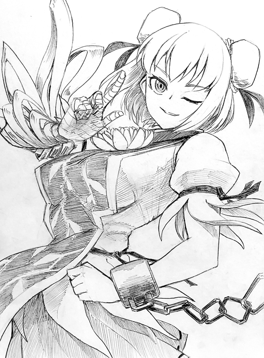 1girl bandaged_arm bandages breasts bun_cover chain cuffs double_bun flower hair_bun highres ibaraki_kasen index_finger_raised looking_at_viewer monochrome one_eye_closed puffy_short_sleeves puffy_sleeves rivasan rose shackles shirt short_hair short_sleeves simple_background skirt solo tabard touhou