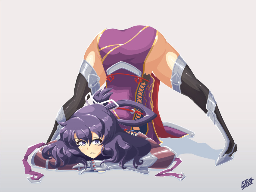 1girl absurdres ao_no_kiseki armored_boots boots bow-shaped_hair china_dress chinese_clothes dated dress eiyuu_densetsu english_commentary frostfiresoul full_body gauntlets hajimari_no_kiseki highres jack-o'_challenge looking_at_viewer purple_eyes purple_hair rixia_mao shadow signature simple_background solo thigh_boots white_background zero_no_kiseki