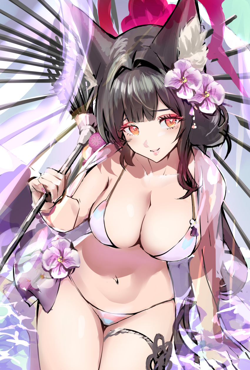 1girl absurdres animal_ear_fluff animal_ears bikini black_hair blue_archive breasts cleavage closed_mouth commentary_request facing_viewer flower fox_ears highres holding holding_umbrella large_breasts long_hair looking_ahead oil-paper_umbrella orange_eyes pink_bikini purple_flower smile solo swimsuit swimsuit_cover-up torimahera umbrella wakamo_(blue_archive) wakamo_(swimsuit)_(blue_archive) water