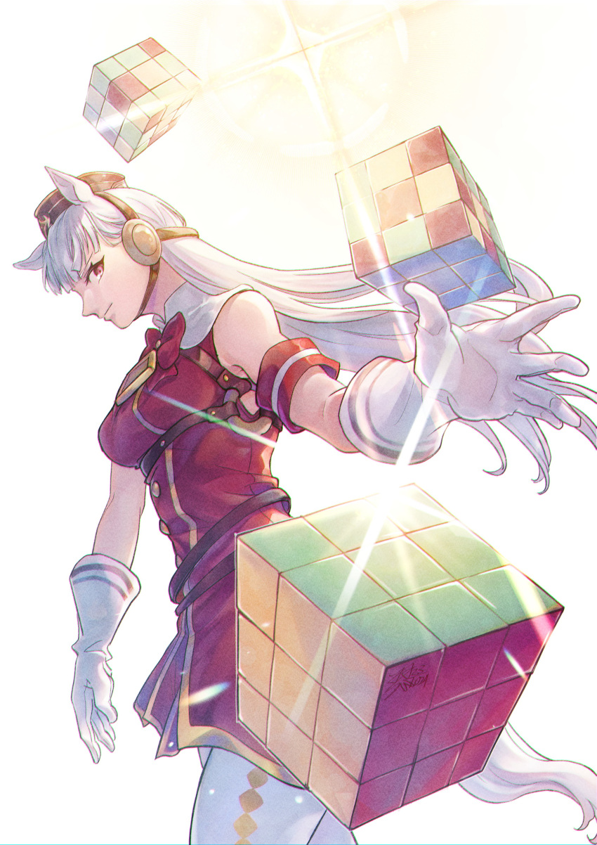 1girl absurdres animal_ears armband armor bare_shoulders breastplate breasts brown_headwear closed_mouth diffraction_spikes dress gloves gold_ship_(umamusume) hat highres horse_ears horse_girl horse_tail jean_jdw long_hair navel pants red_eyes rubik's_cube sideways_glance sleeveless sleeveless_dress small_breasts smile solo tail umamusume white_gloves white_hair white_pants