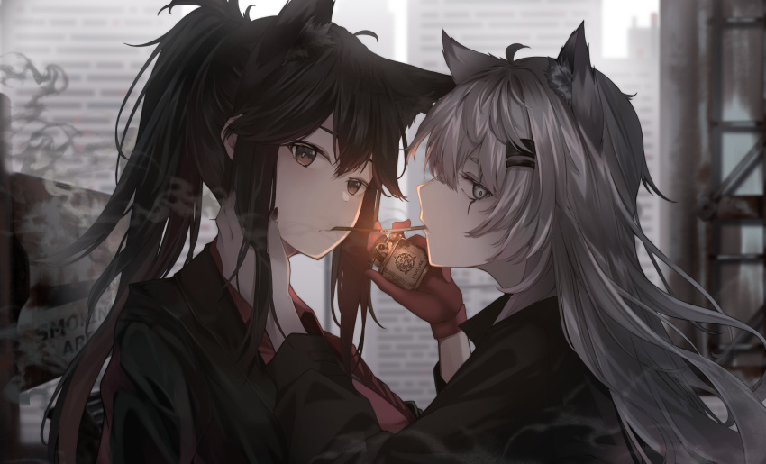 2girls absurdres ahoge animal_ear_fluff animal_ears arknights black_hair black_jacket black_nails blurry blurry_background brown_eyes cigarette cigarette_kiss commentary_request from_side gloves grey_eyes grey_hair hair_between_eyes hair_ornament hairclip hanahashi_bagara hand_on_another's_face highres holding holding_lighter jacket lappland_(arknights) lighter lighting_cigarette long_hair looking_at_viewer multiple_girls nail_polish outdoors ponytail red_gloves red_shirt scar scar_across_eye shirt sidelocks smoke smoking texas_(arknights) wolf_ears wolf_girl