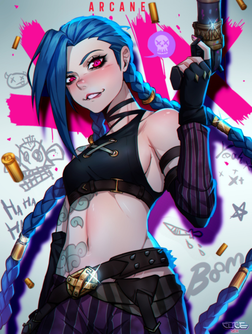 1girl absurdres arcane:_league_of_legends arm_tattoo belt black_crowser black_gloves black_shirt blue_hair braid braided_ponytail breasts crop_top fingerless_gloves gloves gun highres holding holding_gun holding_weapon jinx_(league_of_legends) league_of_legends long_hair midriff navel pants shirt smile solo stomach stomach_tattoo striped striped_pants tattoo twin_braids weapon