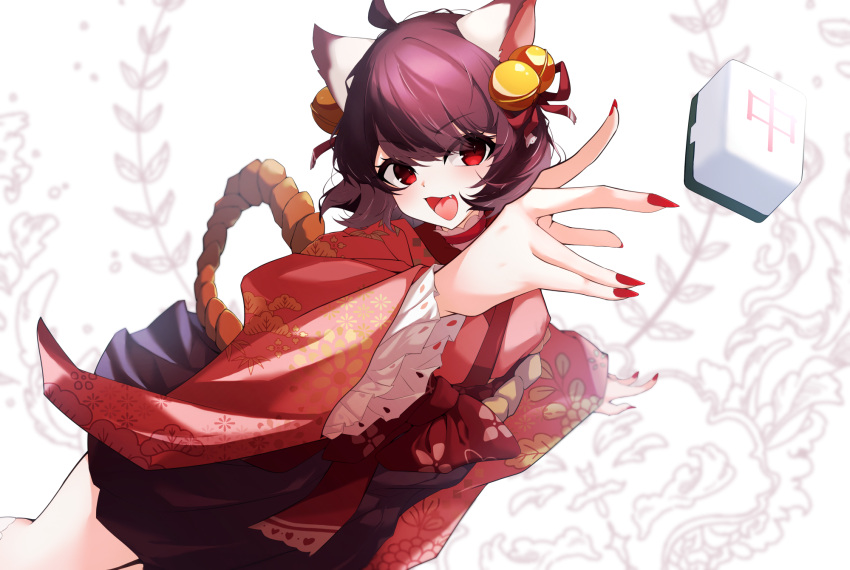 1girl ahoge animal_ears bell brown_hair cat_ears cat_girl choker commentary_request eno_(pompom) fang feet_out_of_frame fingernails floral_print hair_bell hair_ornament highres ichihime japanese_clothes jingle_bell kimono looking_at_viewer mahjong mahjong_soul mahjong_tile open_mouth print_kimono red_choker red_eyes red_kimono red_nails sharp_fingernails short_hair solo throwing wide_sleeves