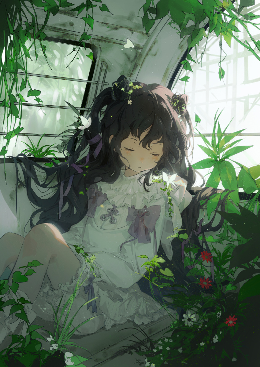 1girl balabling bloomers bow brown_hair closed_eyes dress flower frills highres knees_up long_hair original overgrown purple_bow red_flower sleeping solo white_bloomers white_dress white_flower window