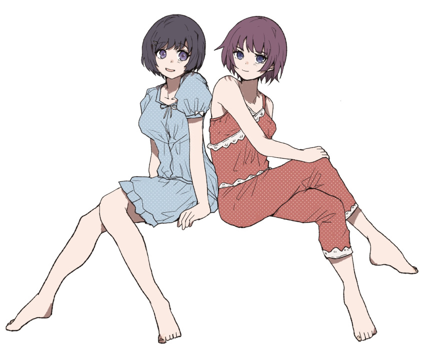 2girls alternate_costume barefoot black_hair blue_eyes breasts collarbone commentary_request crossed_legs hair_ornament hairclip hand_on_own_knee hanekawa_tsubasa highres invisible_chair knees_together_feet_apart large_breasts legs looking_at_viewer medium_breasts monogatari_(series) multiple_girls open_mouth pajamas puffy_short_sleeves puffy_sleeves purple_eyes purple_hair senjougahara_hitagi short_hair short_sleeves sidelocks simple_background sitting sleeveless smile toenails toes valhalla0707 white_background