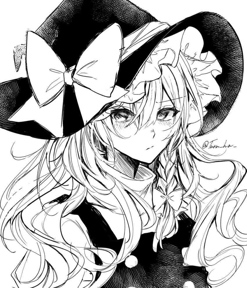 1girl annin_cha artist_name bow braid buttons collared_shirt hair_bow hat hat_bow highres kirisame_marisa long_hair looking_at_viewer monochrome portrait shirt single_braid solo touhou vest white_background witch_hat