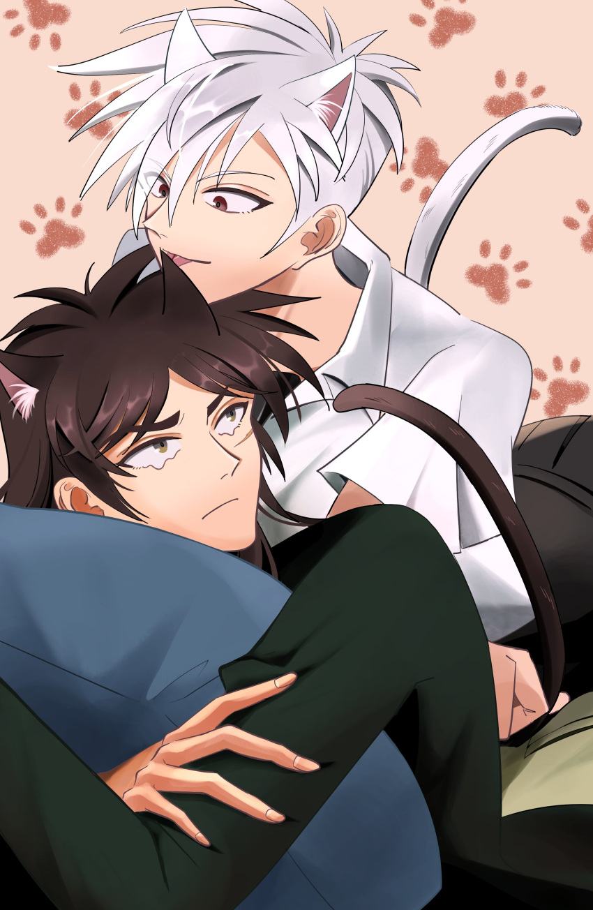 2boys absurdres akagi:_yami_ni_oritatta_tensai akagi_shigeru animal_ears black_hair brown_eyes cat_boy cat_ears cat_tail closed_mouth collared_shirt commentary_request fingernails fukumoto_mahjong green_shirt grey_hair hair_between_eyes highres itou_kaiji kaiji kemonomimi_mode long_bangs long_hair long_sleeves looking_at_another male_focus medium_bangs multiple_boys paw_print paw_print_background shirt short_hair tail tongue tongue_out upper_body white_shirt yaoi yonabe_(midnightblue010)