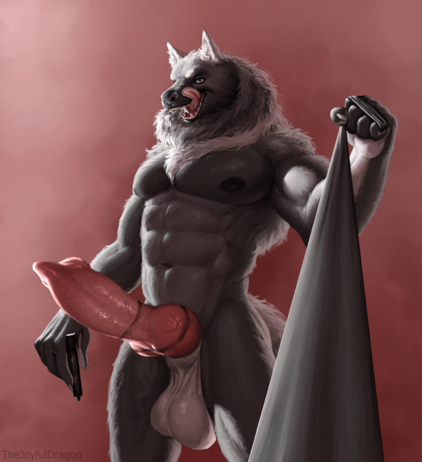 animal_genitalia anthro balls canid canine canis fur genitals hi_res knot leash male mammal marker muscular nipples penis sheath thejoyfuldragon tongue wolf