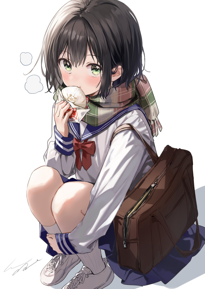 1girl absurdres aoi_saki_(senpai_wa_otokonoko) bag baozi blue_sailor_collar blue_skirt blush bow bowtie brown_bag brown_eyes brown_hair brown_scarf commentary_request cross-laced_footwear food food_in_mouth hair_intakes highres holding holding_food hugging_own_legs knees_up long_sleeves looking_at_viewer plaid plaid_scarf pleated_skirt pomu_(joynet) red_bow red_bowtie sailor_collar scarf school_bag school_uniform senpai_wa_otokonoko serafuku shirt short_hair shoulder_bag signature simple_background sitting skirt socks solo white_background white_footwear white_shirt white_socks