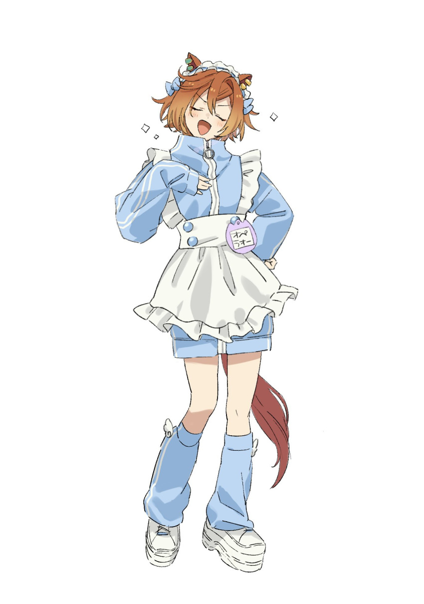 1girl alternate_costume animal_ears apron blue_jacket blue_shorts blue_socks bow ear_piercing frilled_hairband frills full_body hair_bow hairband hand_on_own_chest hand_on_own_hip highres horse_ears horse_girl horse_tail jacket jersey_maid loose_socks maid maid_apron name_tag open_mouth orange_hair piercing platform_footwear qing_(sankakuosushi) shoes short_hair short_shorts shorts sleeves_past_wrists smile sneakers socks solo sparkle standing t.m._opera_o_(umamusume) tail umamusume unconventional_maid v-shaped_eyebrows white_footwear