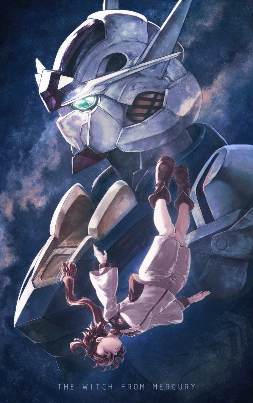 1girl absurdres boots breasts brown_footwear brown_socks closed_eyes copyright_name falling galaxy gundam gundam_aerial gundam_suisei_no_majo hairband highres jacket jean_jdw long_hair long_sleeves low_ponytail mecha outstretched_arms parted_lips red_hair robot shorts single_hair_tube small_breasts socks solo spread_arms suletta_mercury white_jacket white_shorts