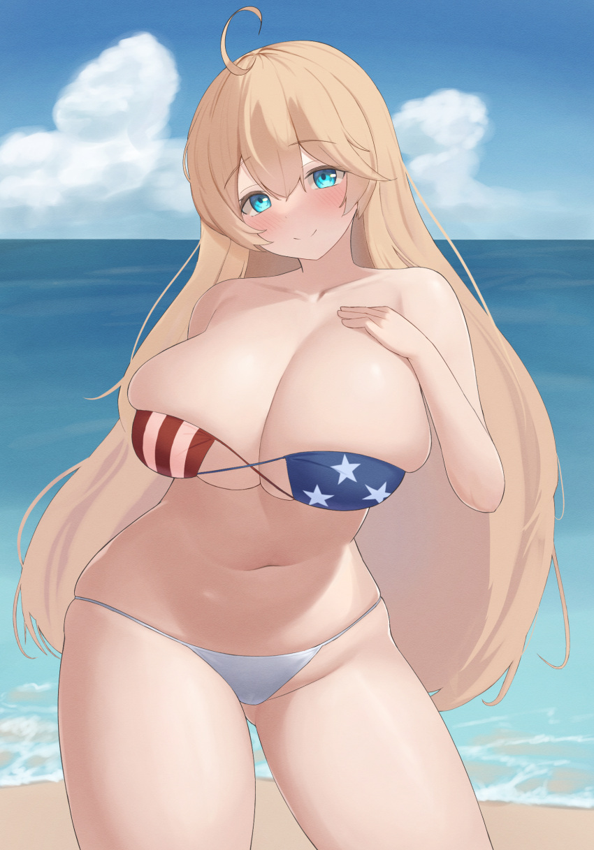 1girl american_flag_bikini beach bikini blonde_hair blue_eyes breasts day flag_print harpyia_(last_origin) highres huge_breasts last_origin long_hair looking_at_viewer narodenden smile solo swimsuit very_long_hair