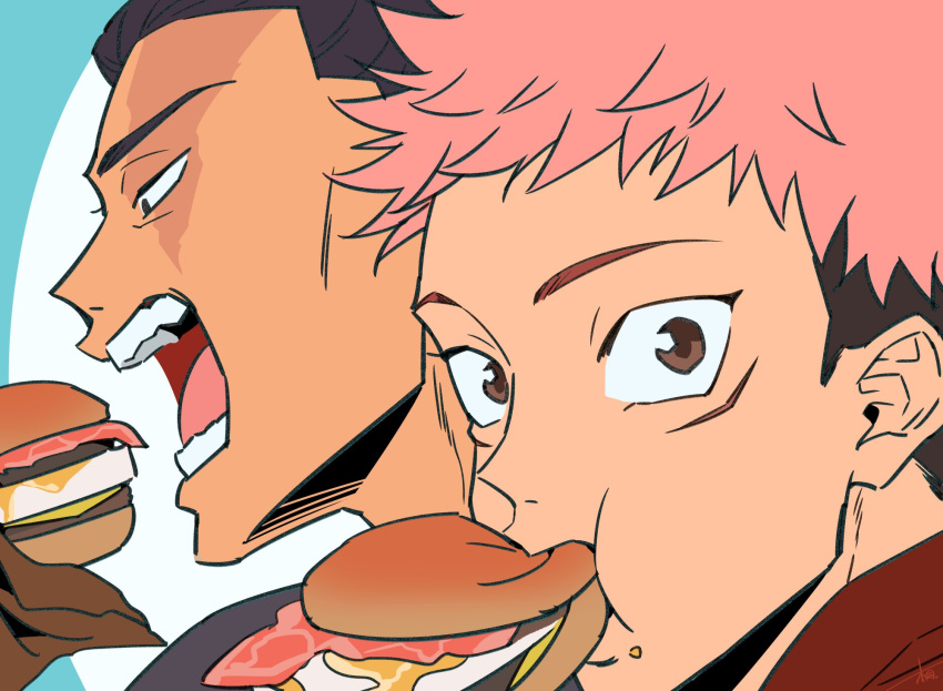 2boys biting black_hair burger close-up eating food from_side highres itadori_yuuji jujutsu_kaisen kiritani_paine looking_at_viewer looking_to_the_side male_focus multiple_boys scar scar_across_eye short_hair sideburns toudou_aoi_(jujutsu_kaisen) undercut