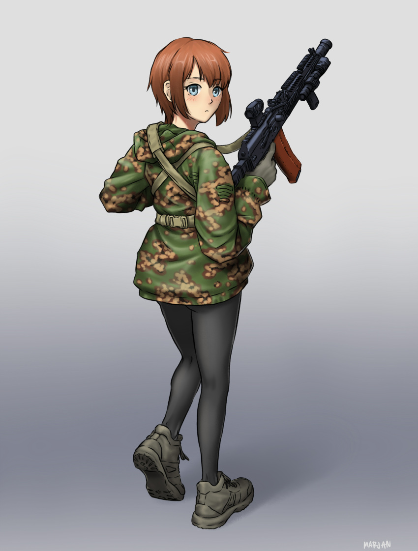 1girl absurdres ak-74 assault_rifle back back_focus black_leggings blue_eyes blush brown_hair camouflage camouflage_jacket gloves grey_background gun highres jacket kalashnikov_rifle leggings mardjan original rifle shoes short_hair sneakers solo trigger_discipline weapon