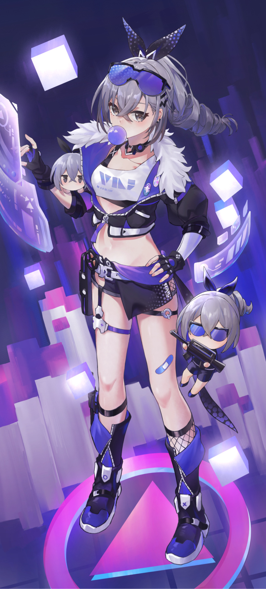 3girls black_footwear black_gloves black_jacket black_shorts boots commentary_request crop_top drill_hair eyewear_on_head fingerless_gloves full_body gloves grey_eyes grey_hair hair_ribbon hand_on_own_hip highres honkai:_star_rail honkai_(series) jacket long_hair midriff mini_person minigirl multiple_girls navel ponytail ribbon shirt short_shorts shorts silver_wolf_(honkai:_star_rail) single-shoulder_shirt standing stomach sunglasses swkl:d white_shirt