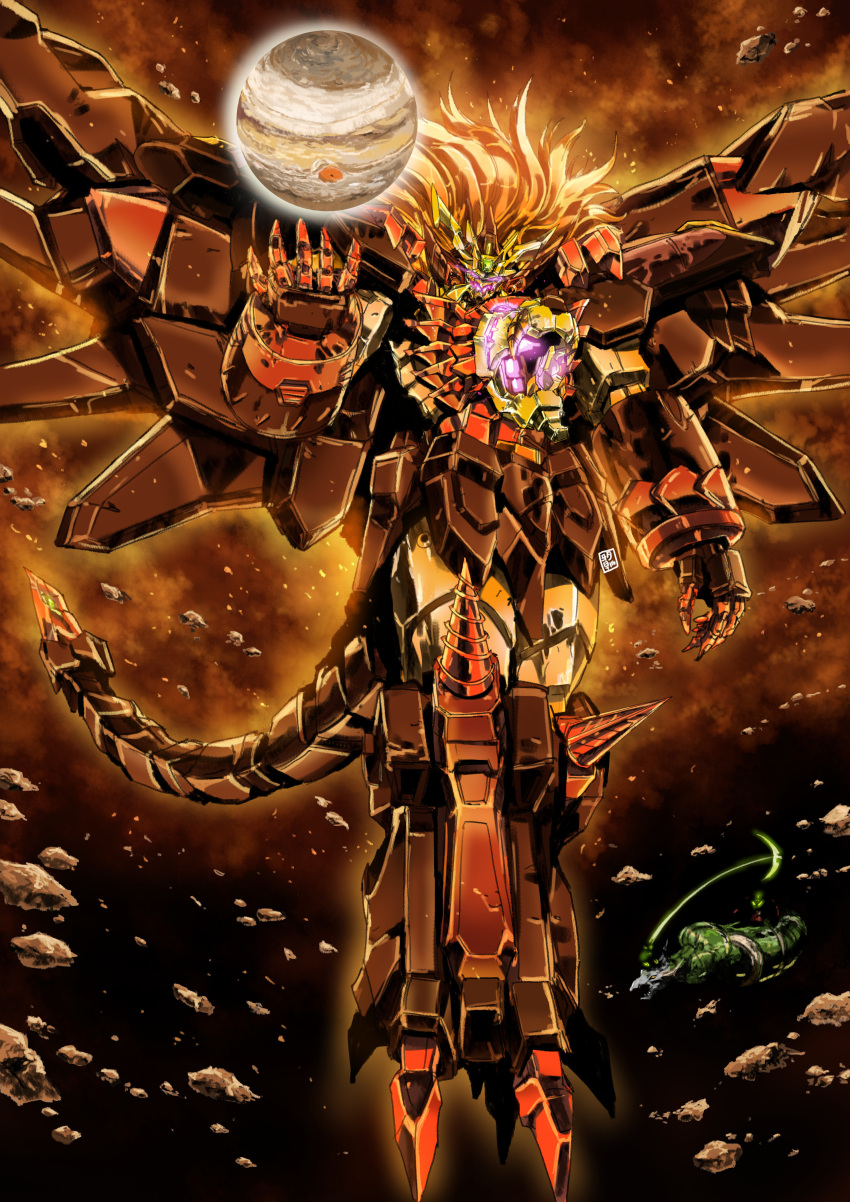 absurdres armor aura debris full_armor garimpeiro gattai genesic_gaogaigar getter_robo hakaiou:_gaogaigar_vs._betterman highres jupiter_(planet) mecha no_humans planet robot shin_getter_dragon shin_getter_robo space super_robot yuusha_series