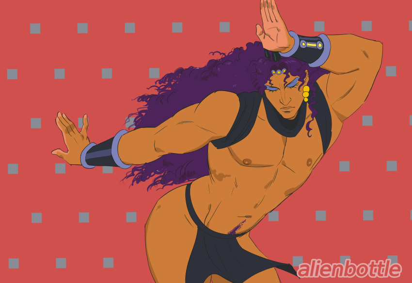 1boy abs absurdres bara battle_tendency dancing dark-skinned_male dark_skin demonicboimike easy_breezy eizouken_ni_wa_te_wo_dasu_na! eyeshadow feet_out_of_frame highres jojo_no_kimyou_na_bouken kars_(jojo) large_pectorals loincloth long_hair makeup mature_male muscular muscular_male navel navel_hair nipples pectorals pelvic_curtain purple_hair simple_background solo stomach