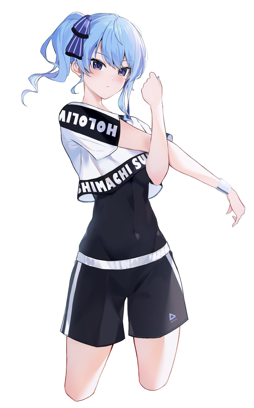 1girl aya02ka black_leotard black_shorts blue_eyes blue_hair breasts closed_mouth crop_top highres hololive hololive_dance_practice_uniform hoshimachi_suisei leotard leotard_under_clothes long_hair official_alternate_costume shorts small_breasts solo stretching virtual_youtuber