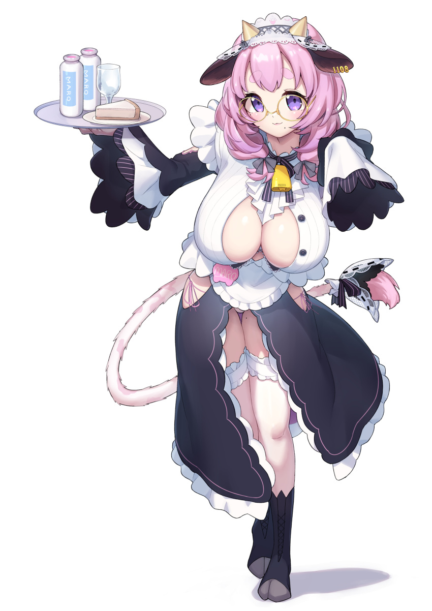 1girl absurdres animal_ears animal_feet apron arukiru ascot bell black_bow black_skirt bottle bow breasts bridal_garter cheesecake cleavage_cutout closed_mouth clothing_cutout commission cow_ears cow_girl cow_horns cow_tail cowbell cup drinking_glass ear_ornament food frilled_skirt frills full_body glasses hair_bow highres holding holding_tray horns indie_virtual_youtuber lace_trim large_breasts leaning_forward long_hair looking_at_viewer low_twintails maid maid_apron maid_headdress maroyaka_milk milk milk_bottle mole mole_under_mouth neck_bell pink_hair plate purple_eyes shirt short_eyebrows showgirl_skirt simple_background skeb_commission skirt sleeves_past_fingers sleeves_past_wrists solo tail tray twintails unconventional_maid virtual_youtuber waist_apron white_background white_shirt wide_sleeves yellow-framed_eyewear